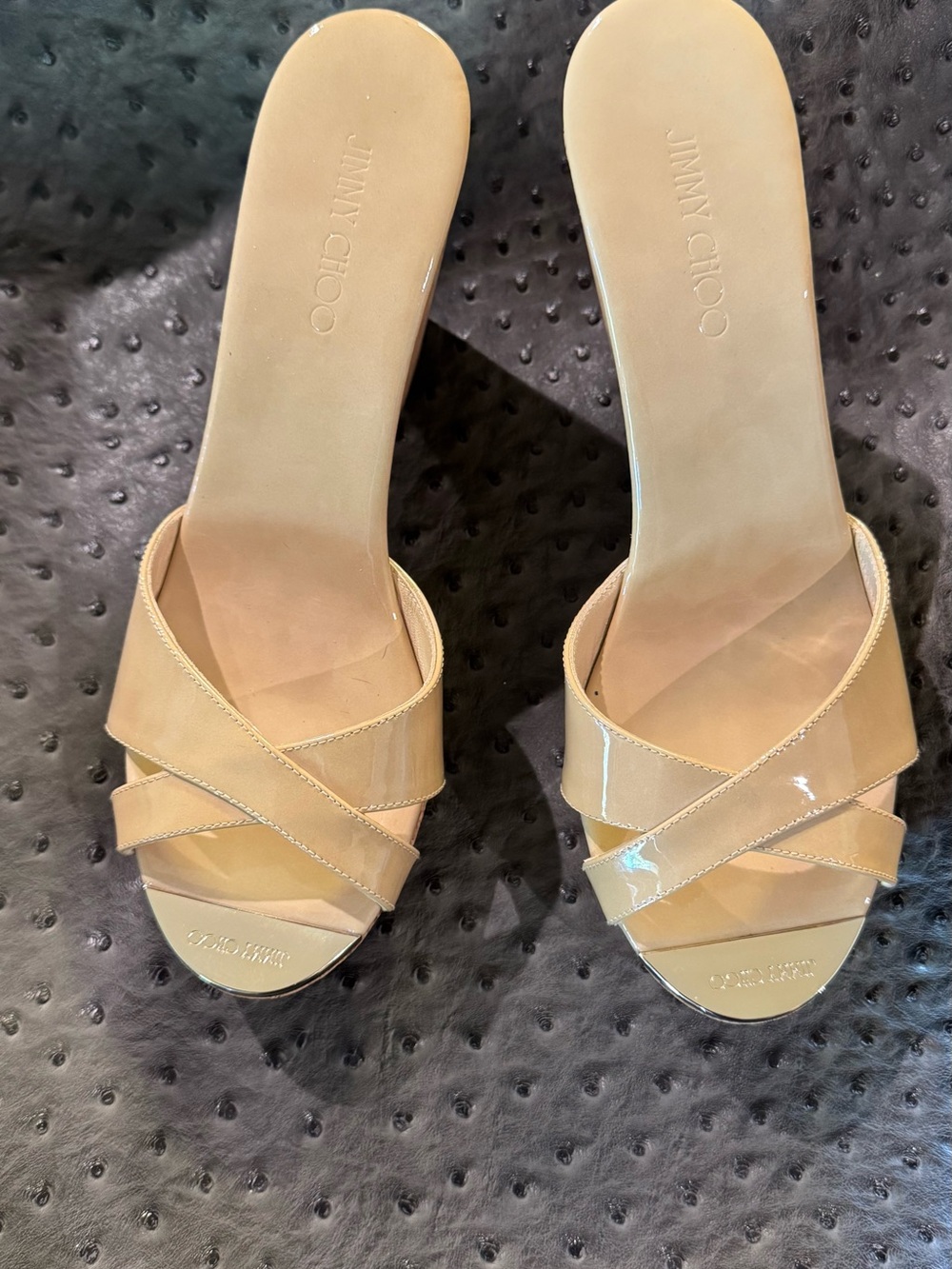 Jimmy Choo Beige Patent Leather Crisscross Slide Mules